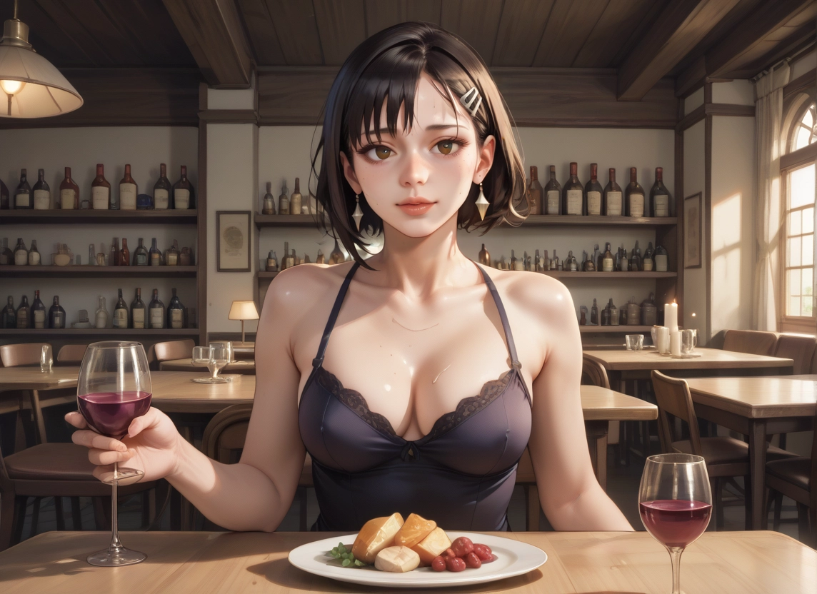 1girl, breasts, cup, jewelry, earrings, drinking glass · Yamete.gg