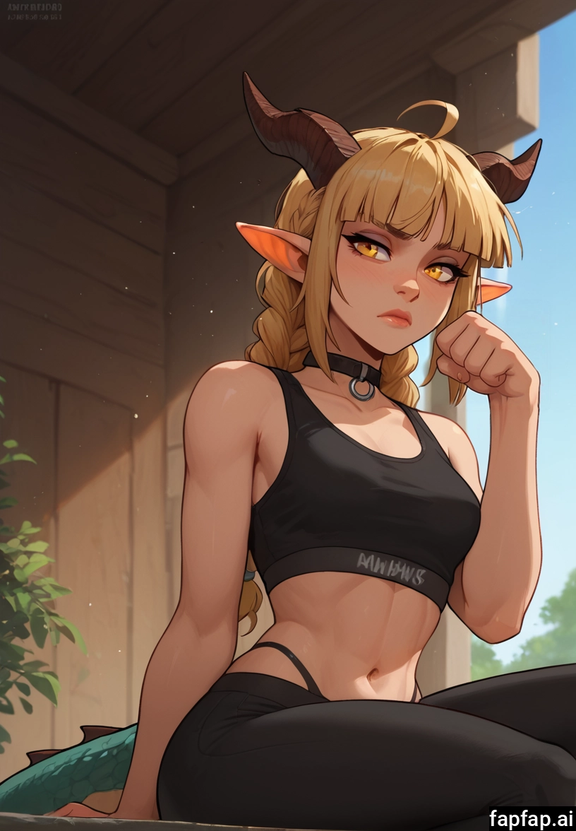 1girl, solo, horns, navel, pointy ears, breasts