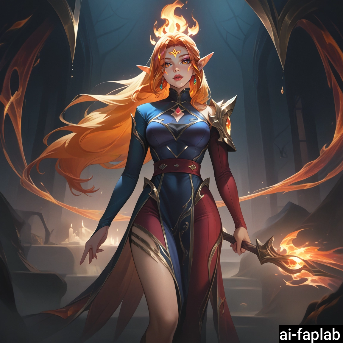1girl, solo, long hair, pointy ears, fire, jewelry · Yamete.gg