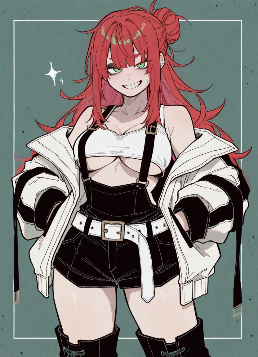 1girl, breasts, smile, solo, green eyes, underboob · Yamete.gg
