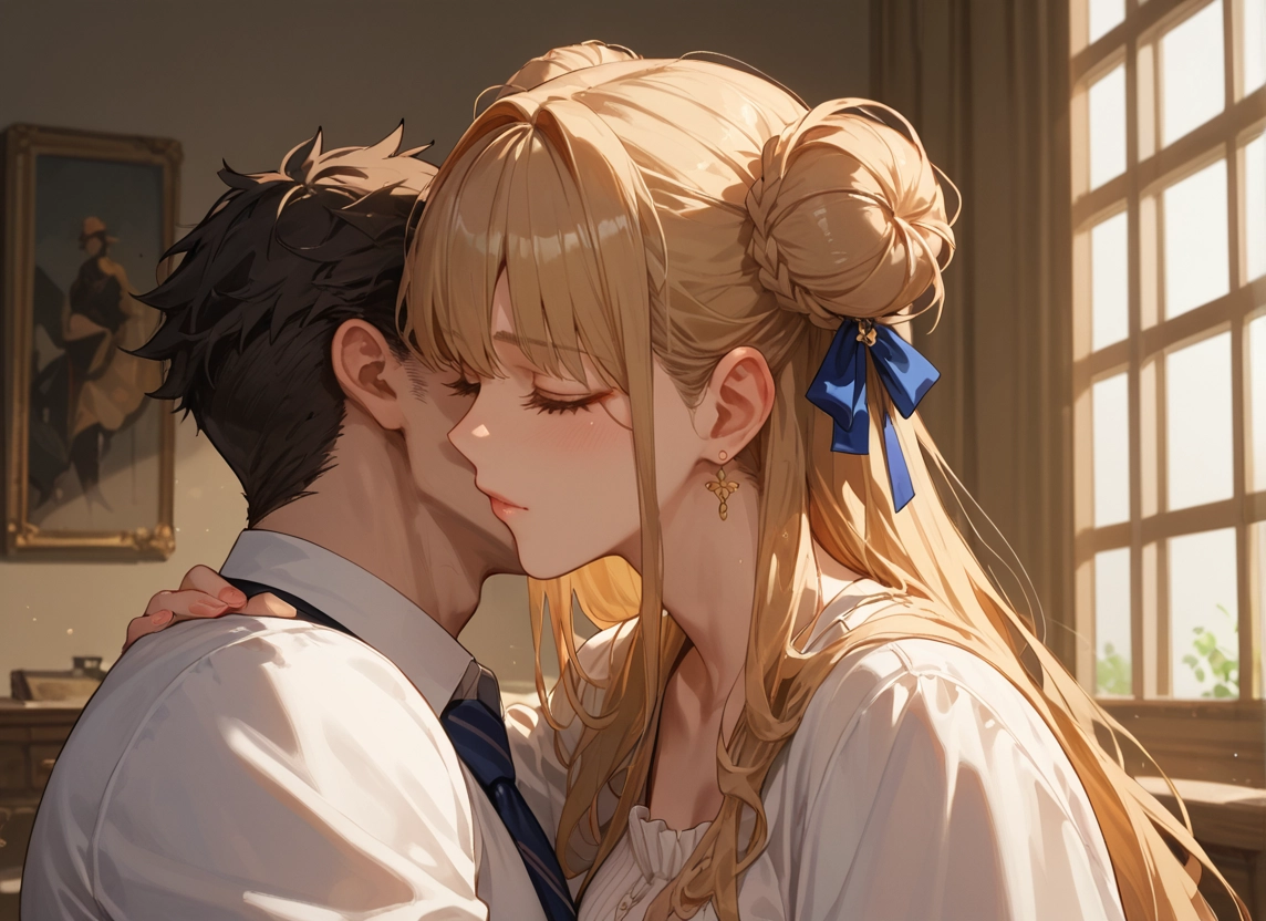 1girl, 1boy, long hair, jewelry, closed eyes, earrings