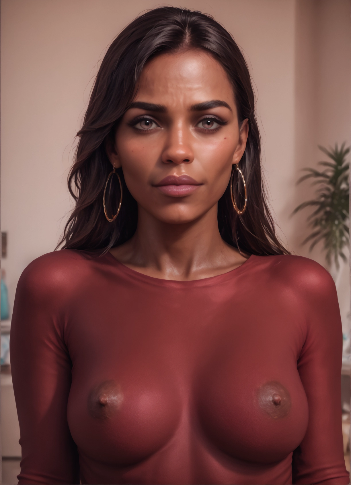 1girl, jewelry, solo, earrings, breasts, hoop earrings · Yamete.gg