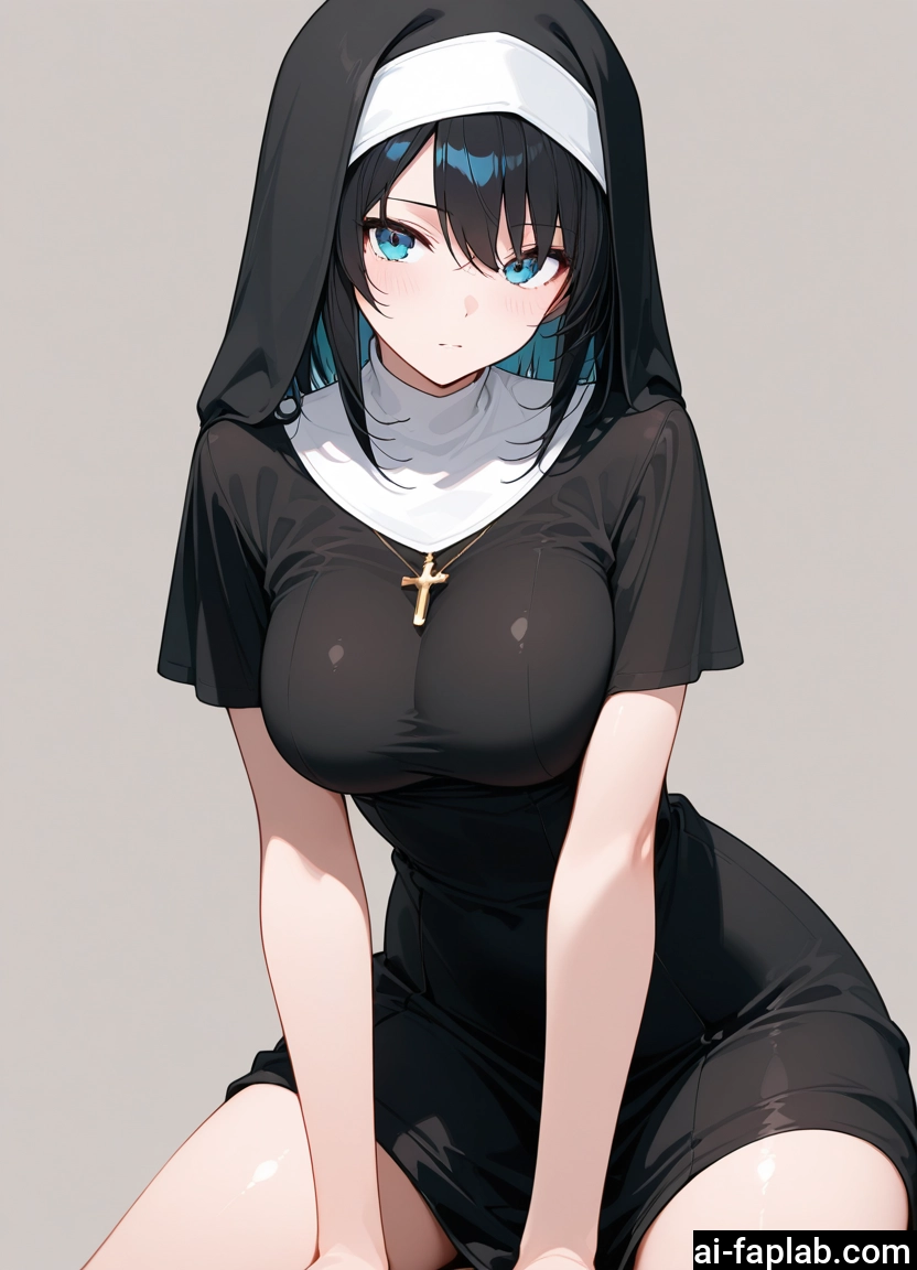 1girl, breasts, solo, black hair, blue eyes, nun