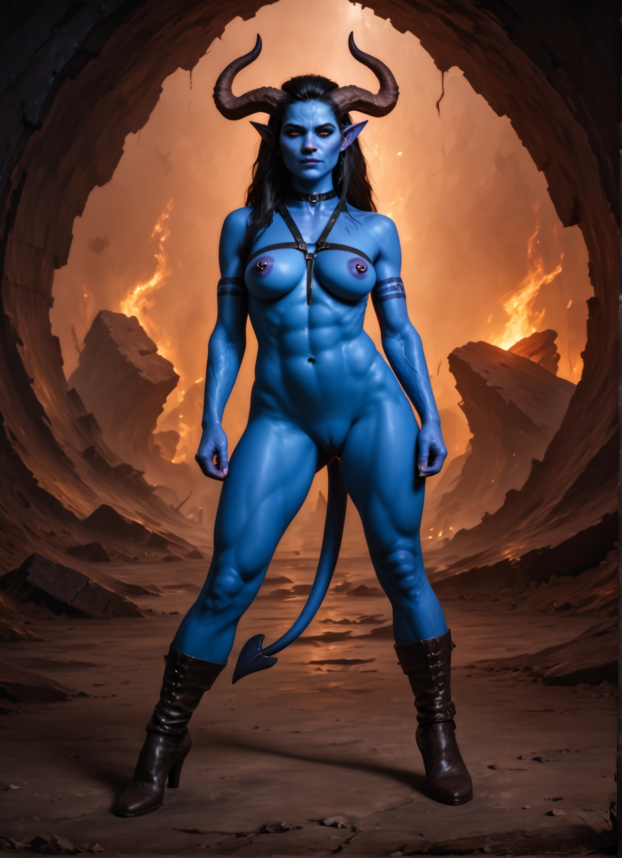 1girl, solo, horns, colored skin, tail, nipple piercing · Yamete.gg