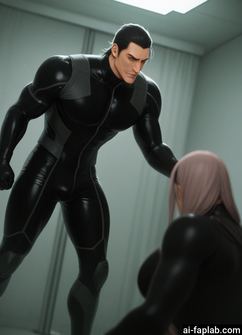 bara, 1girl, 1boy, bodysuit, muscular, black hair · Yamete.gg