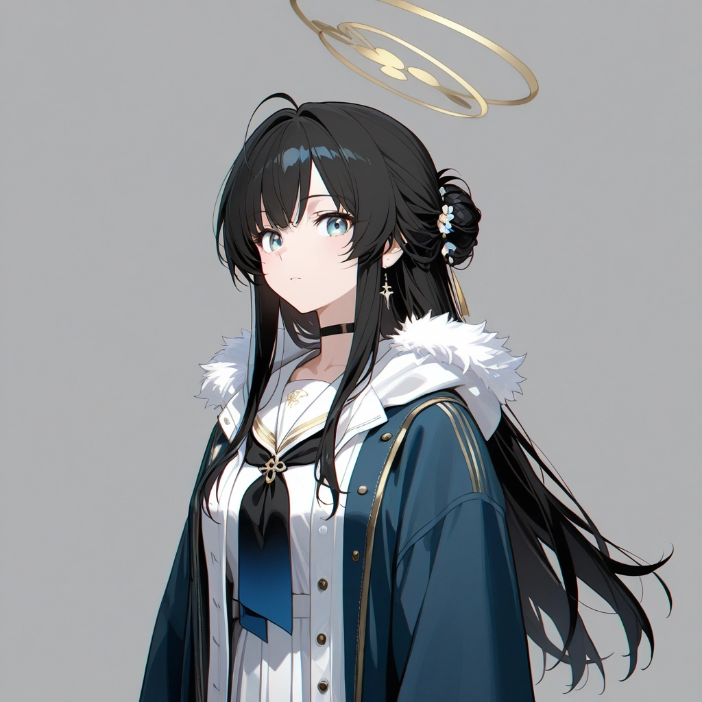 1girl, solo, long hair, black hair, halo, choker