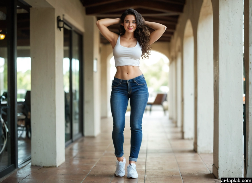 1girl, pants, solo, denim, jeans, breasts