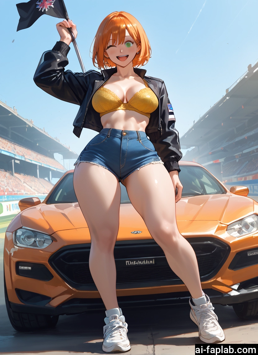 1girl, breasts, shorts, motor vehicle, ground vehicle, one eye closed · Yamete.gg