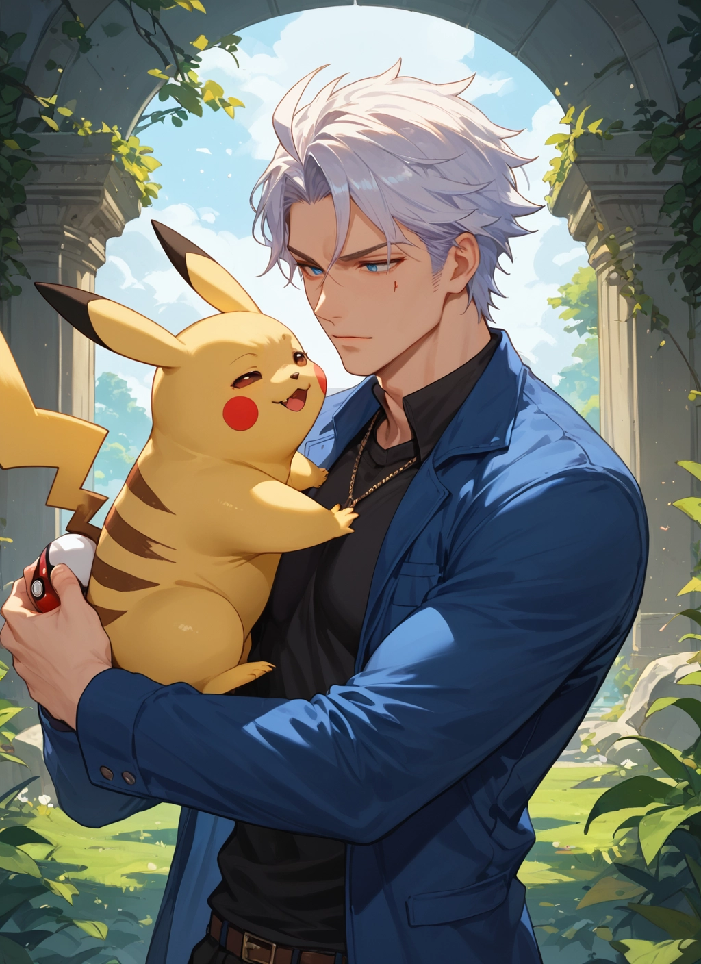 1boy, holding, blue eyes, male focus, jewelry, shirt · Yamete.gg