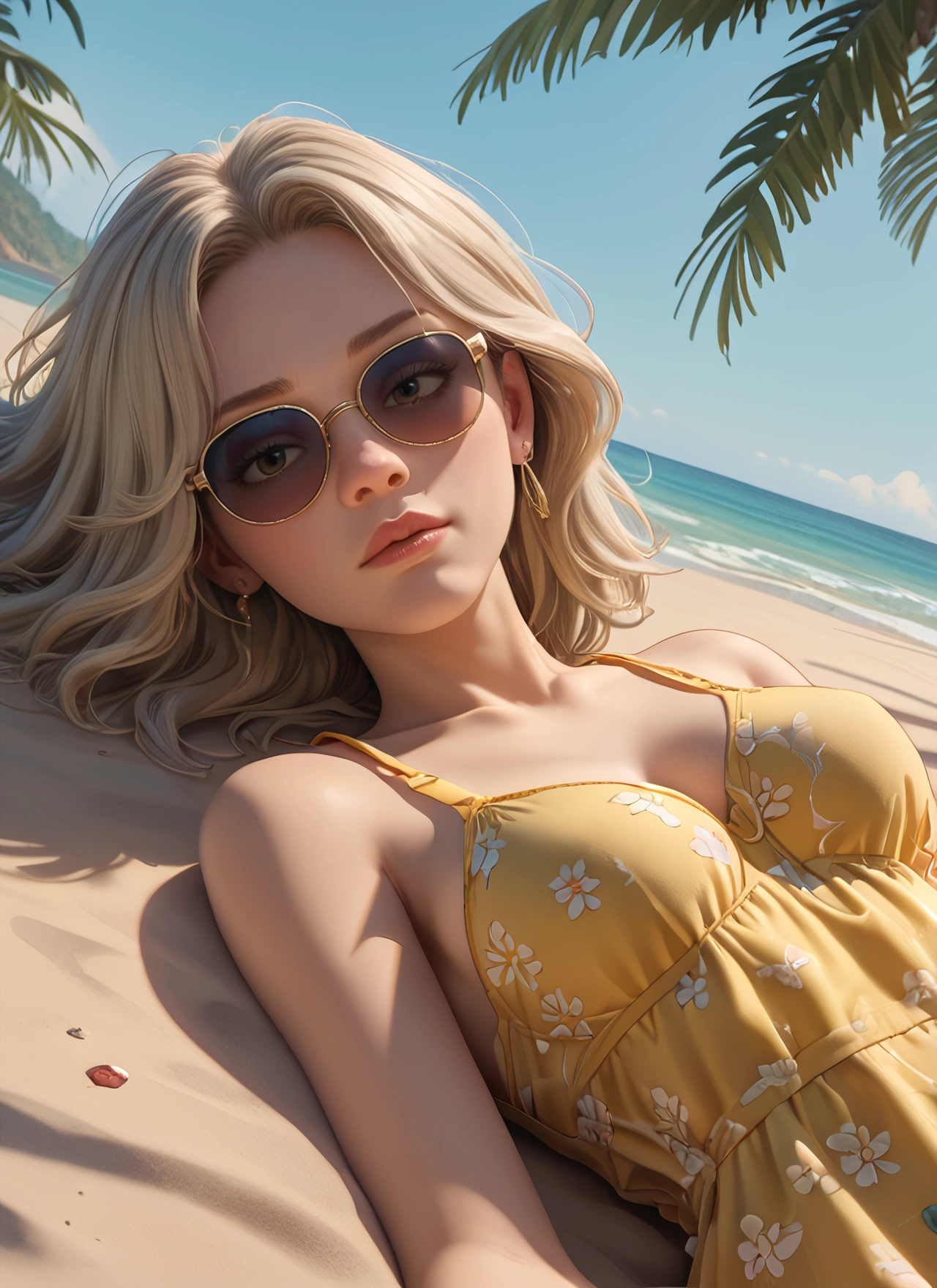 1girl, solo, jewelry, earrings, beach, sunglasses · Yamete.gg
