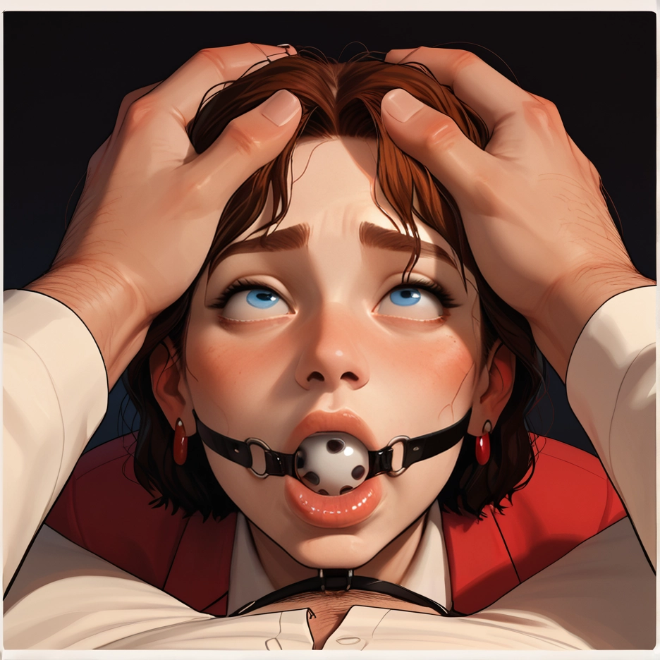 1girl, gag, blue eyes, brown hair, ball gag, earrings