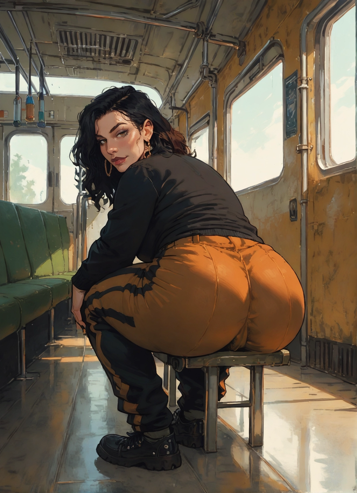 1girl, ass, jewelry, earrings, pants, train interior · Yamete.gg