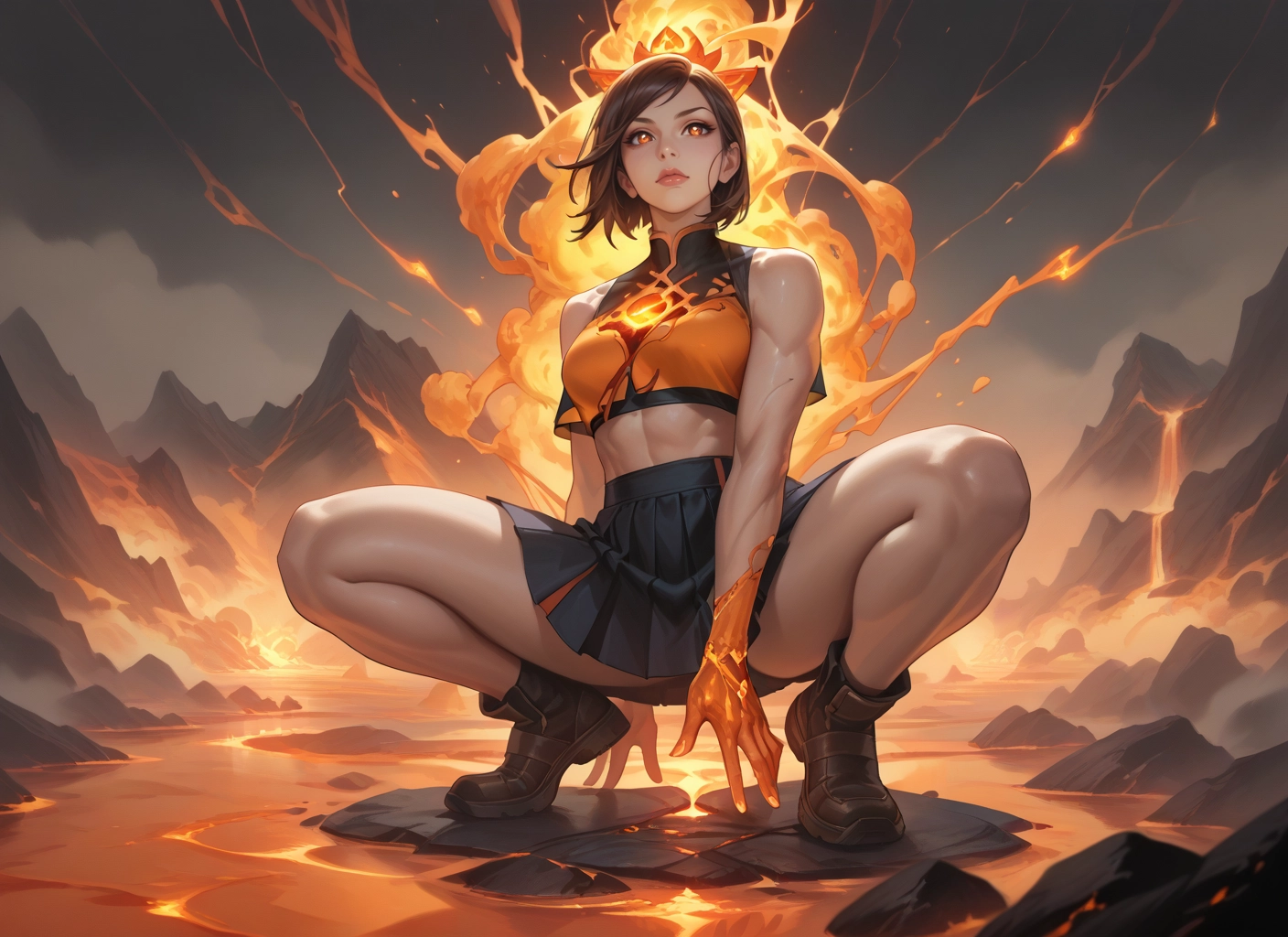 1girl, skirt, solo, squatting, short hair, gloves