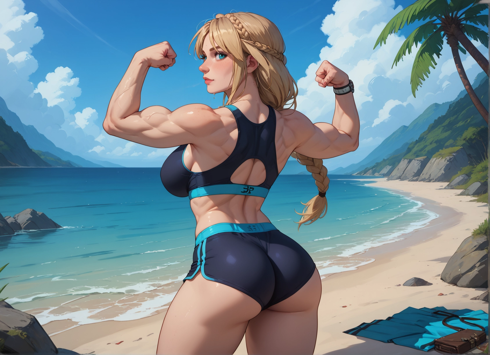 1girl, ass, muscular female, muscular, beach, breasts · Yamete.gg