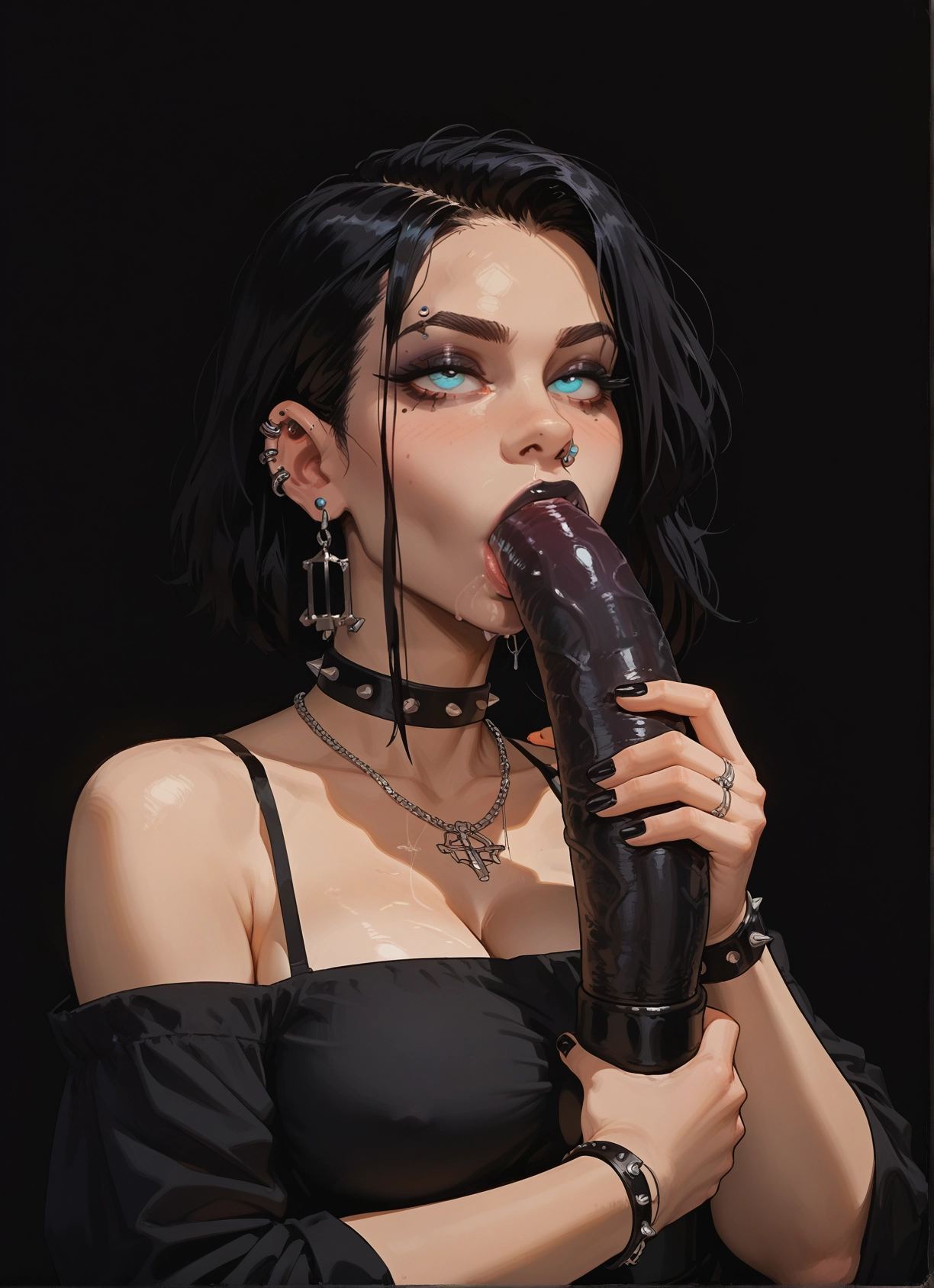 1girl, breasts, jewelry, piercing, solo, black hair · Yamete.gg