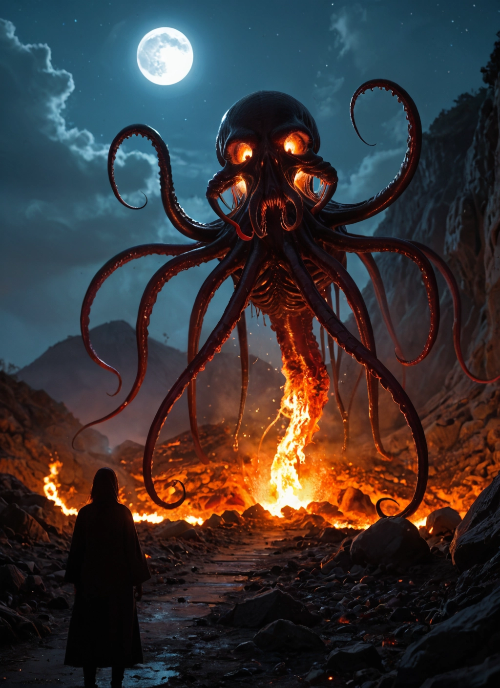 moon, tentacles, fire, night, full moon, sky · Yamete.gg