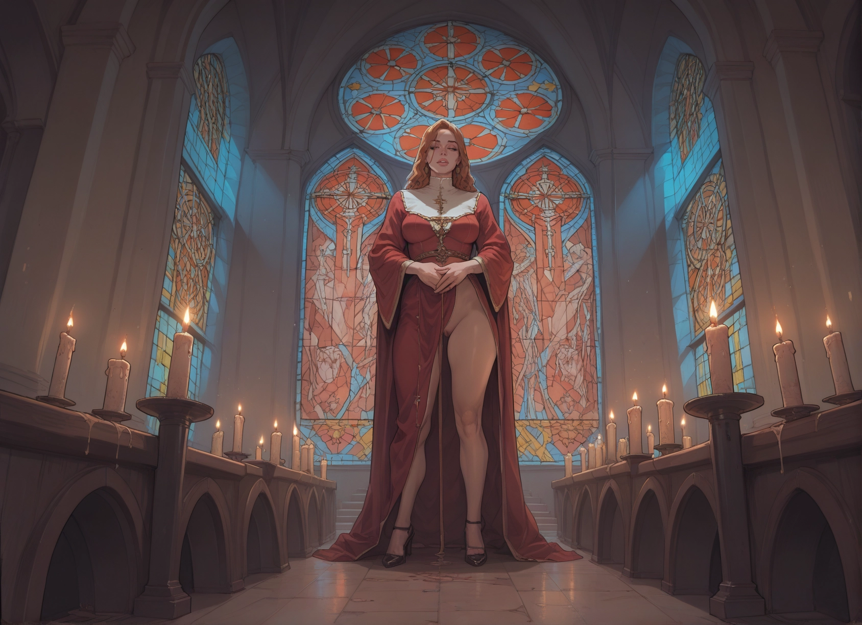 1girl, candle, dress, solo, stained glass, breasts · Yamete.gg