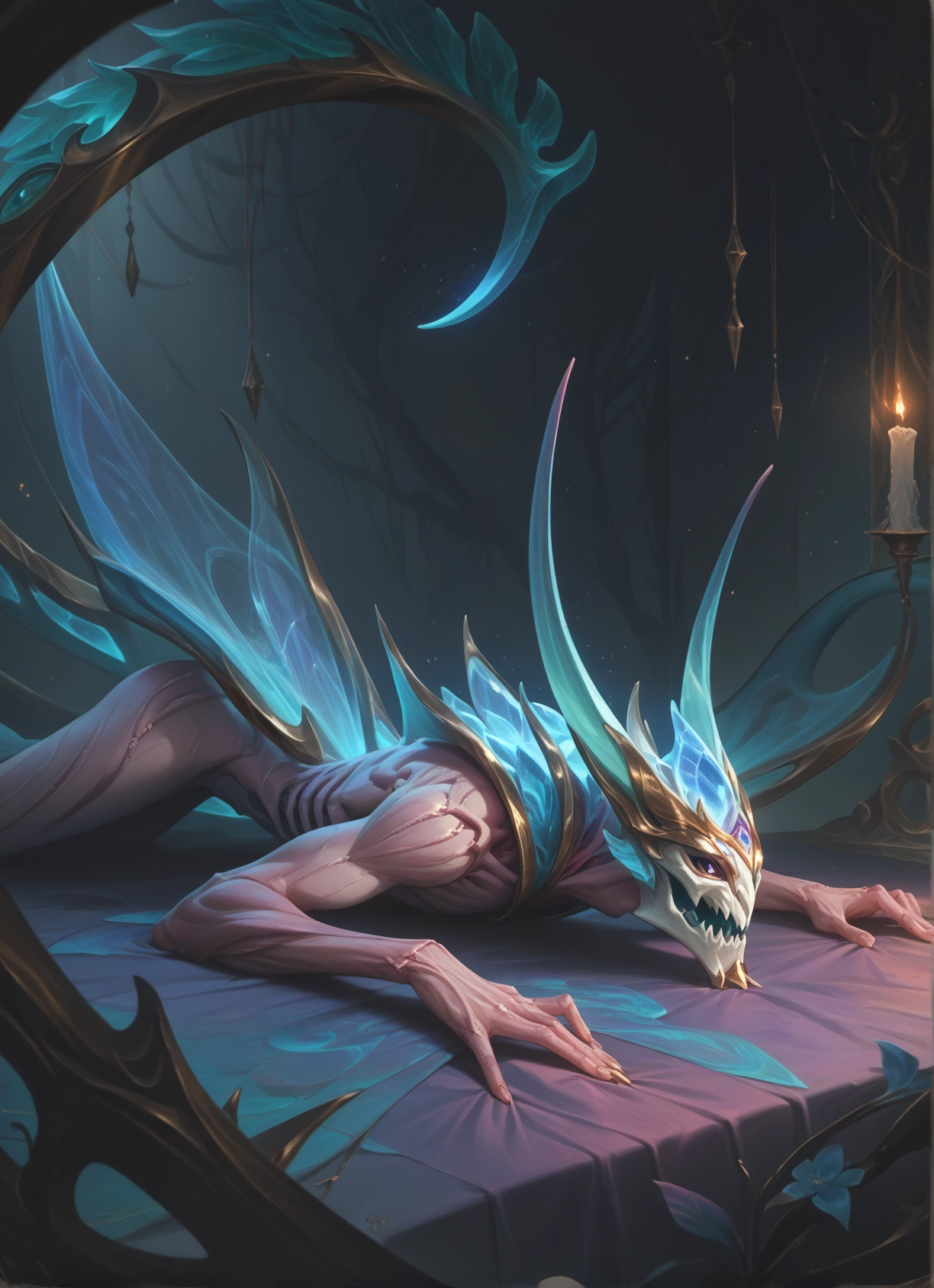 candle, lying, solo, wings, tree, on bed · Yamete.gg