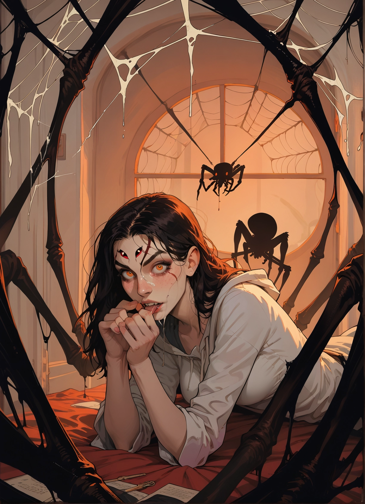 1girl, silk, spider web, arthropod girl, lying, hood · Yamete.gg