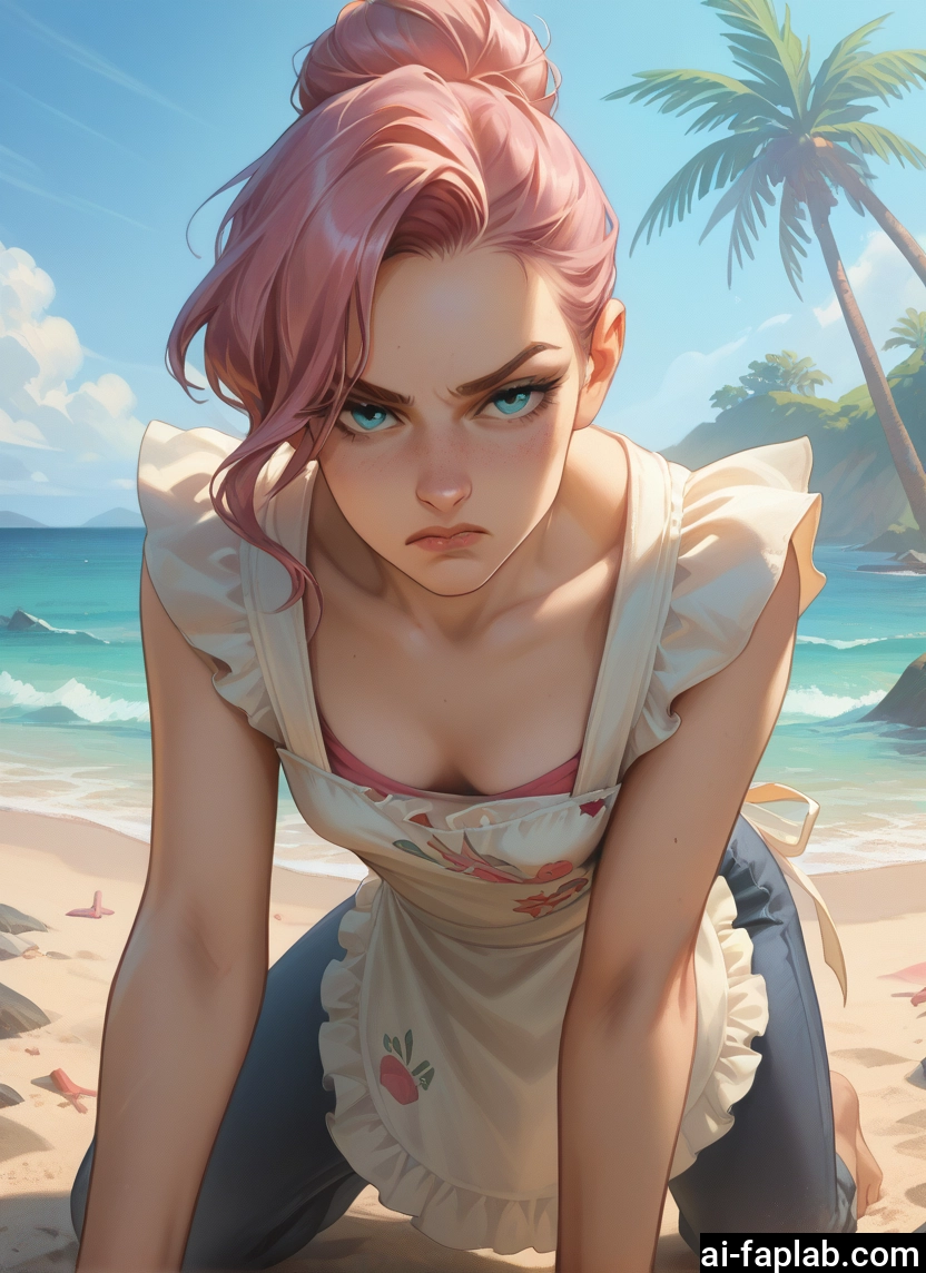 1girl, pink hair, solo, breasts, beach, apron · Yamete.gg