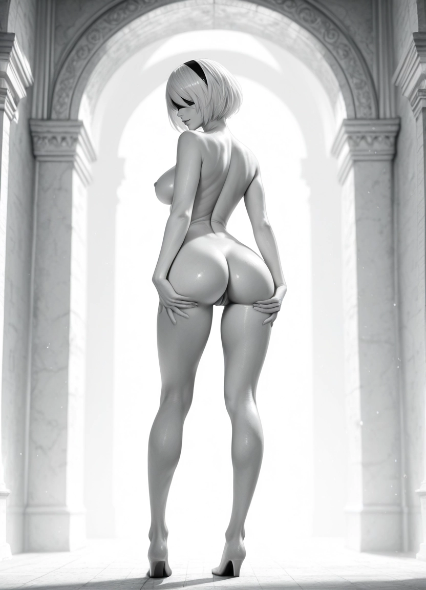 1girl, solo, yorha no. 2 type b, breasts, monochrome, nipples