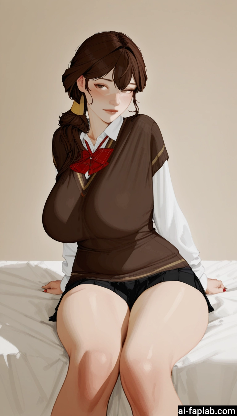 1girl, breasts, skirt, brown hair, sitting, school uniform