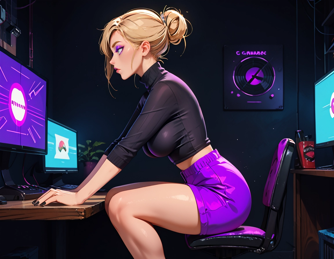 1girl, solo, breasts, blonde hair, monitor, sitting · Yamete.gg