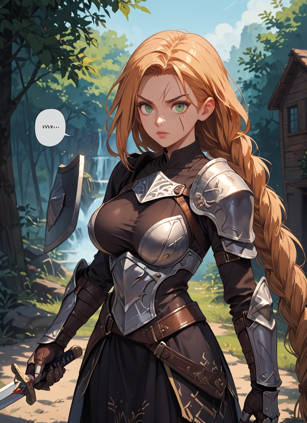 1girl, weapon, long hair, sword, armor, green eyes · Yamete.gg