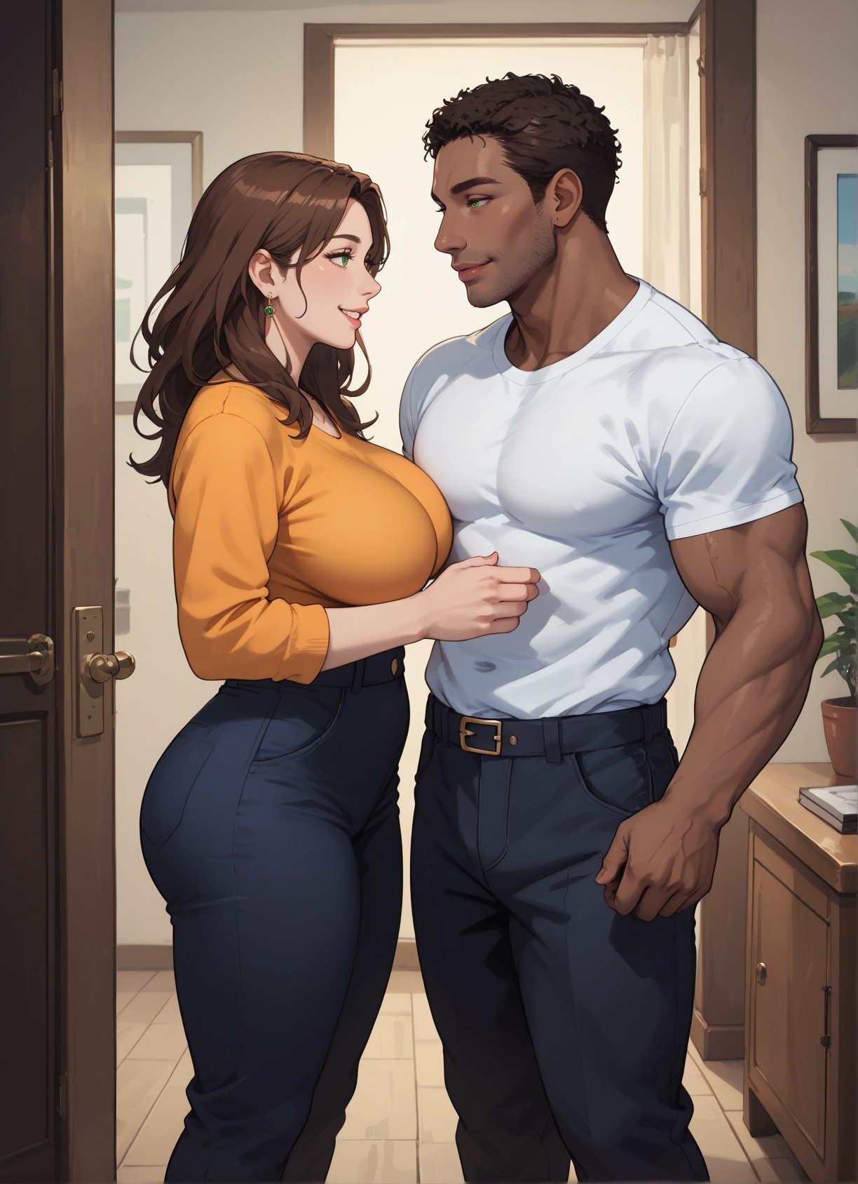 1girl, 1boy, breasts, brown hair, muscular, pants · Yamete.gg