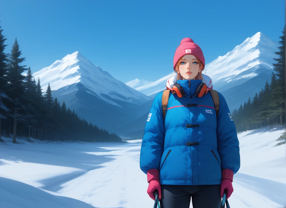 1girl, solo, blue eyes, hat, blonde hair, snow