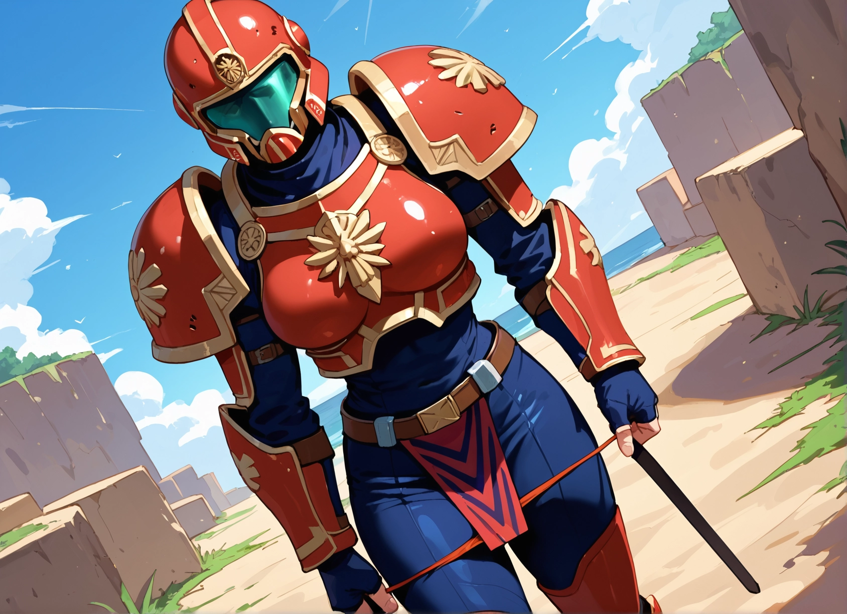 1girl, solo, armor, helmet, gloves, day · Yamete.gg