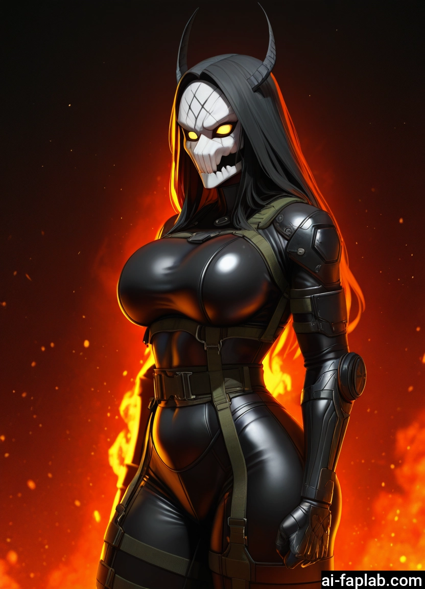 1girl, breasts, horns, solo, long hair, fire · Yamete.gg