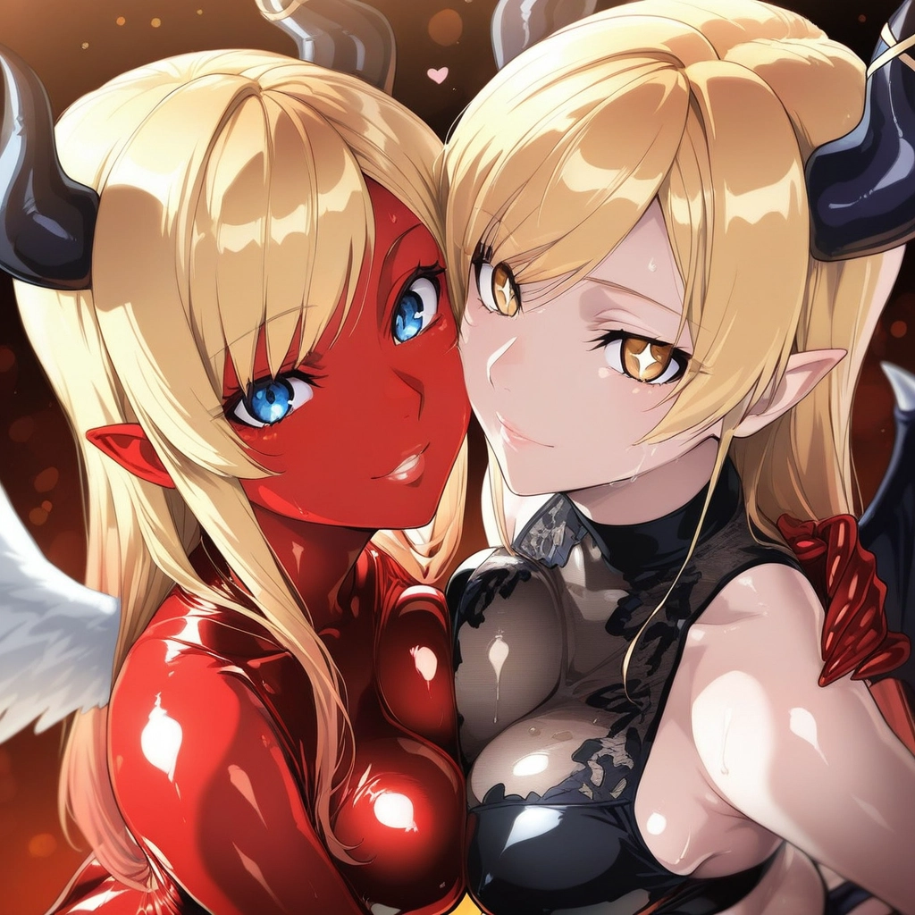 multiple girls, breasts, blonde hair, 2girls, horns, blue eyes · Yamete.gg