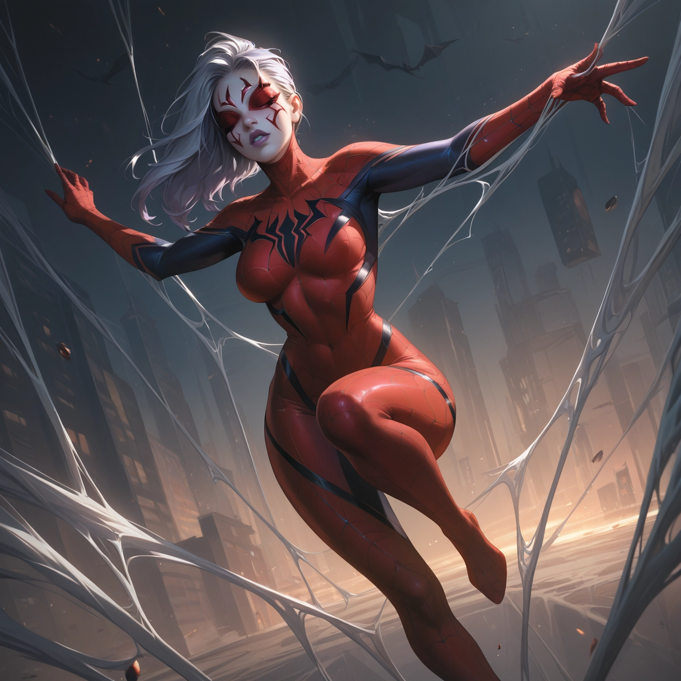 1girl, solo, bodysuit, breasts, silk, spider web · Yamete.gg