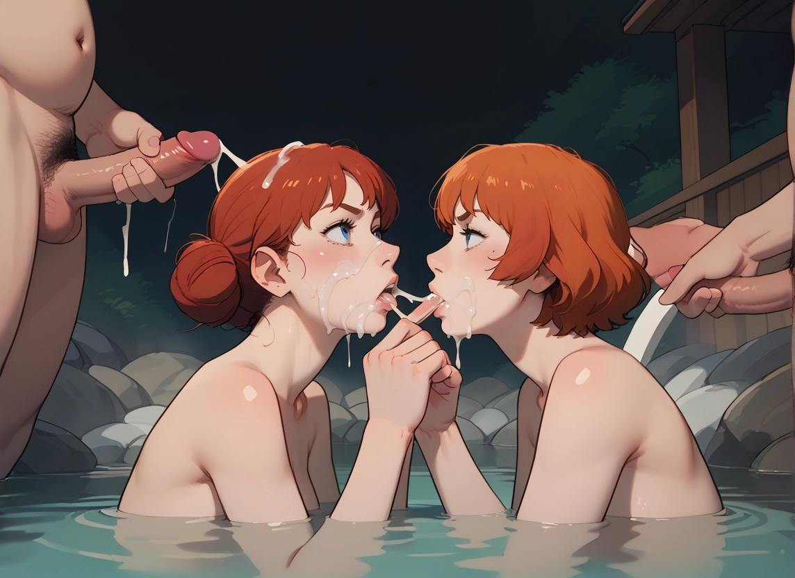 2girls, multiple girls, penis, cum, onsen, multiple boys