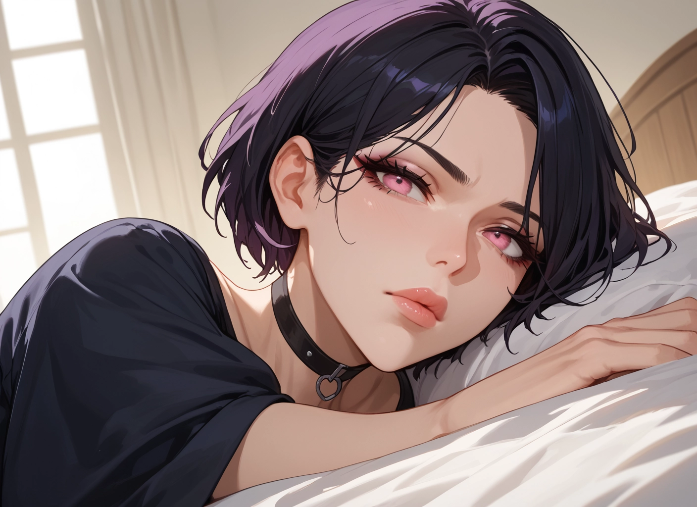 1girl, solo, short hair, looking at viewer, choker, lying