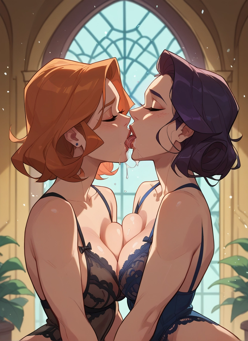 multiple girls, breasts, 2girls, yuri, closed eyes, kiss · Yamete.gg