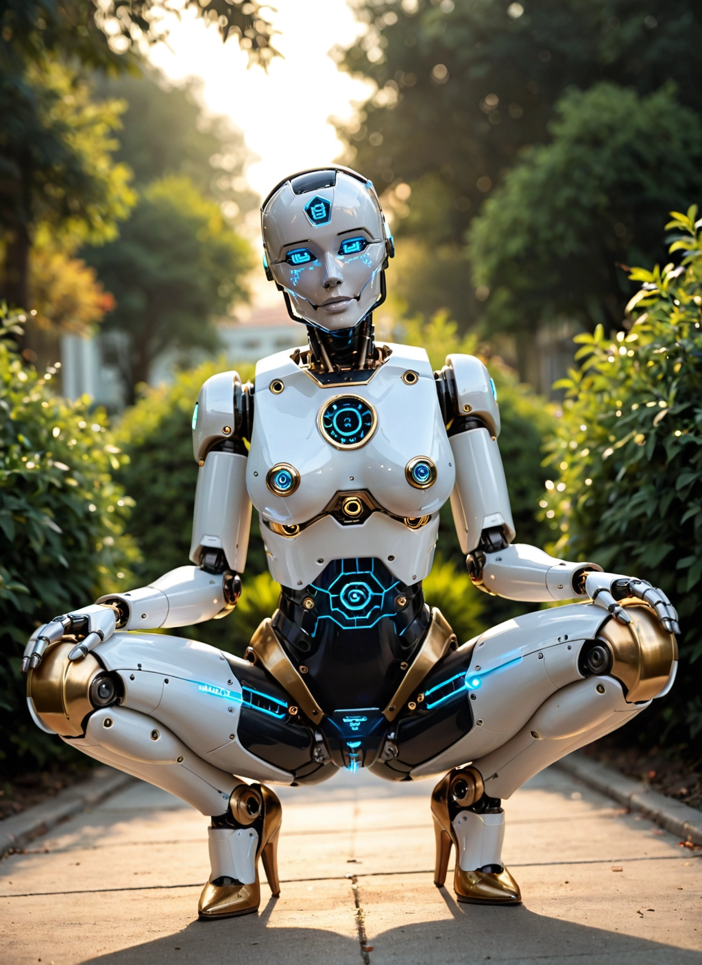1girl, solo, squatting, high heels, robot, humanoid robot · Yamete.gg