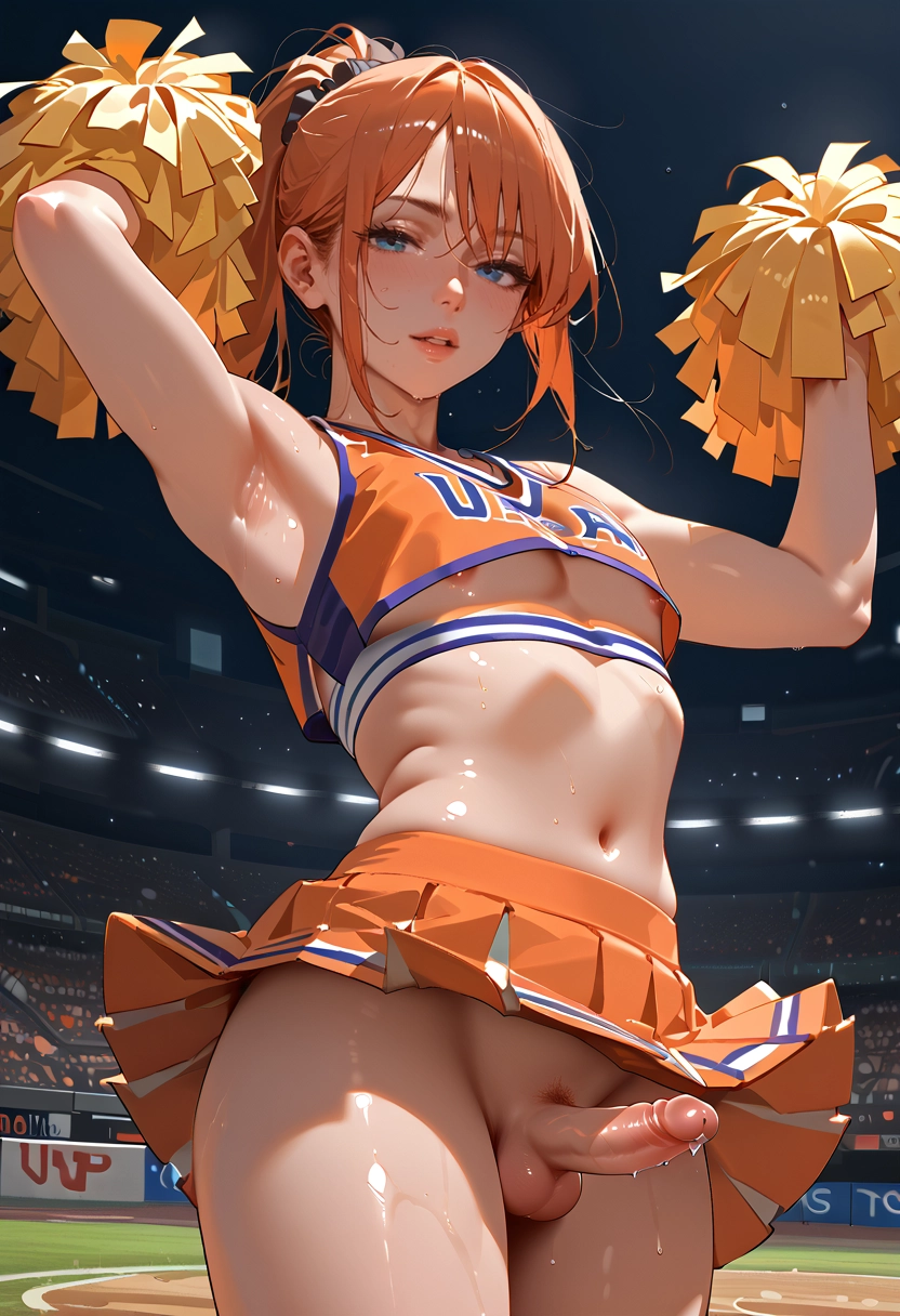 cheerleader, pom pom (cheerleading), skirt, penis, solo, crop top · Yamete.gg