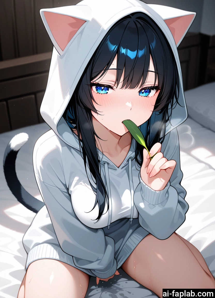 1girl, blue eyes, tail, solo, hood, black hair