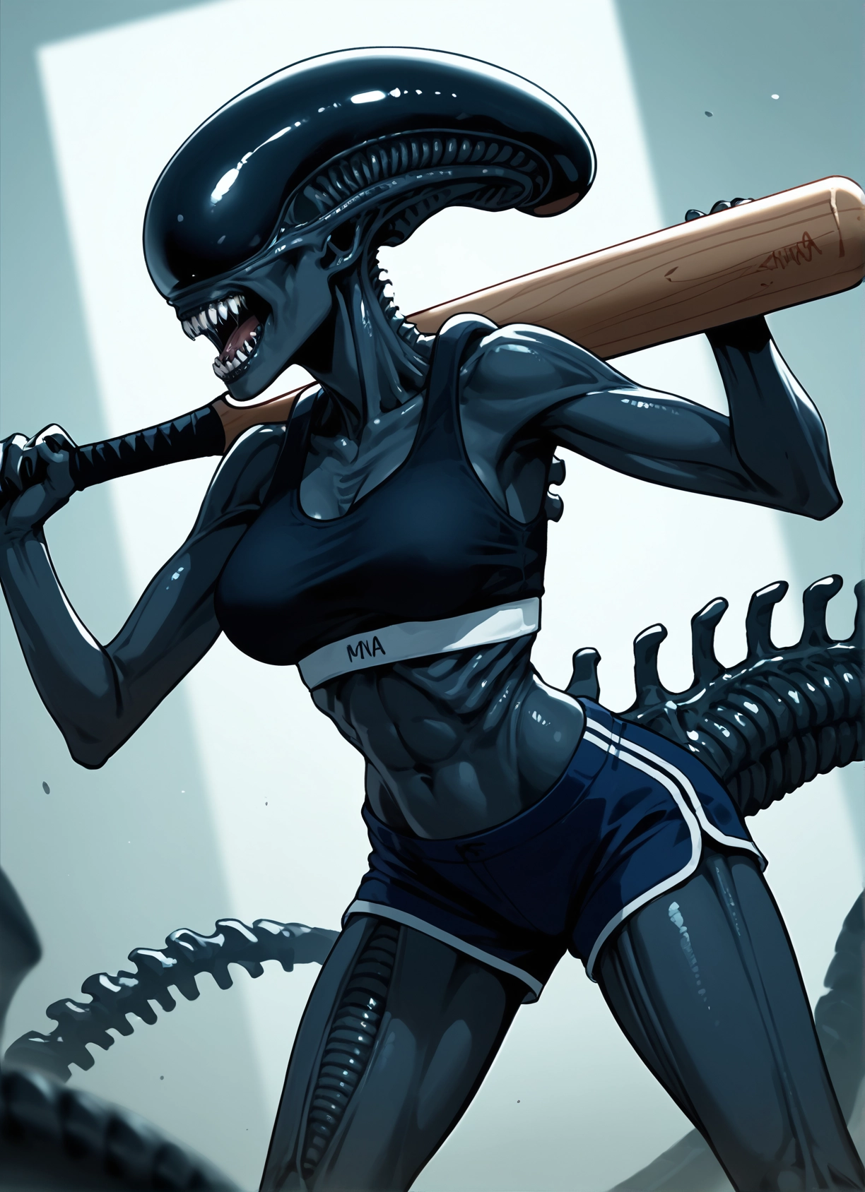 1girl, shorts, teeth, baseball bat, abs, breasts · Yamete.gg