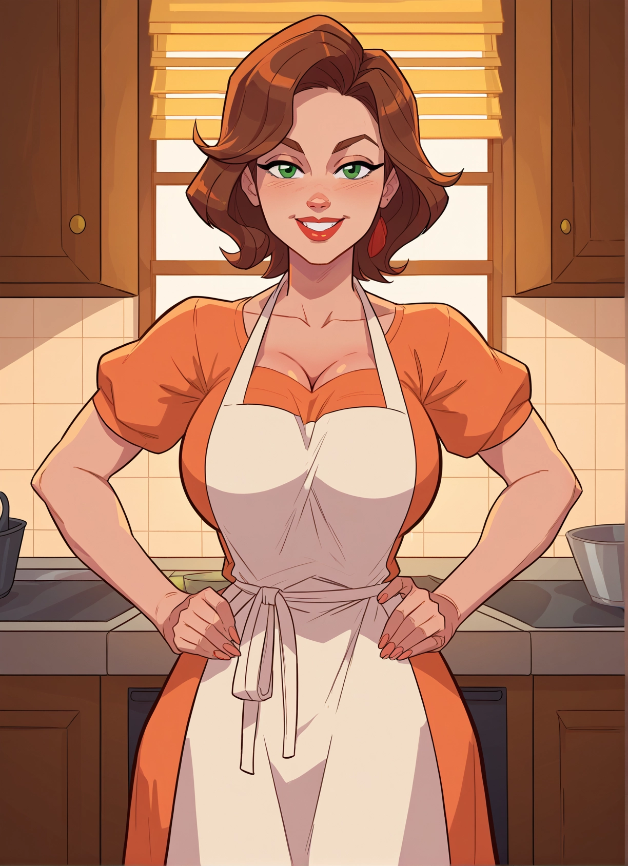 1girl, breasts, green eyes, apron, brown hair, solo · Yamete.gg