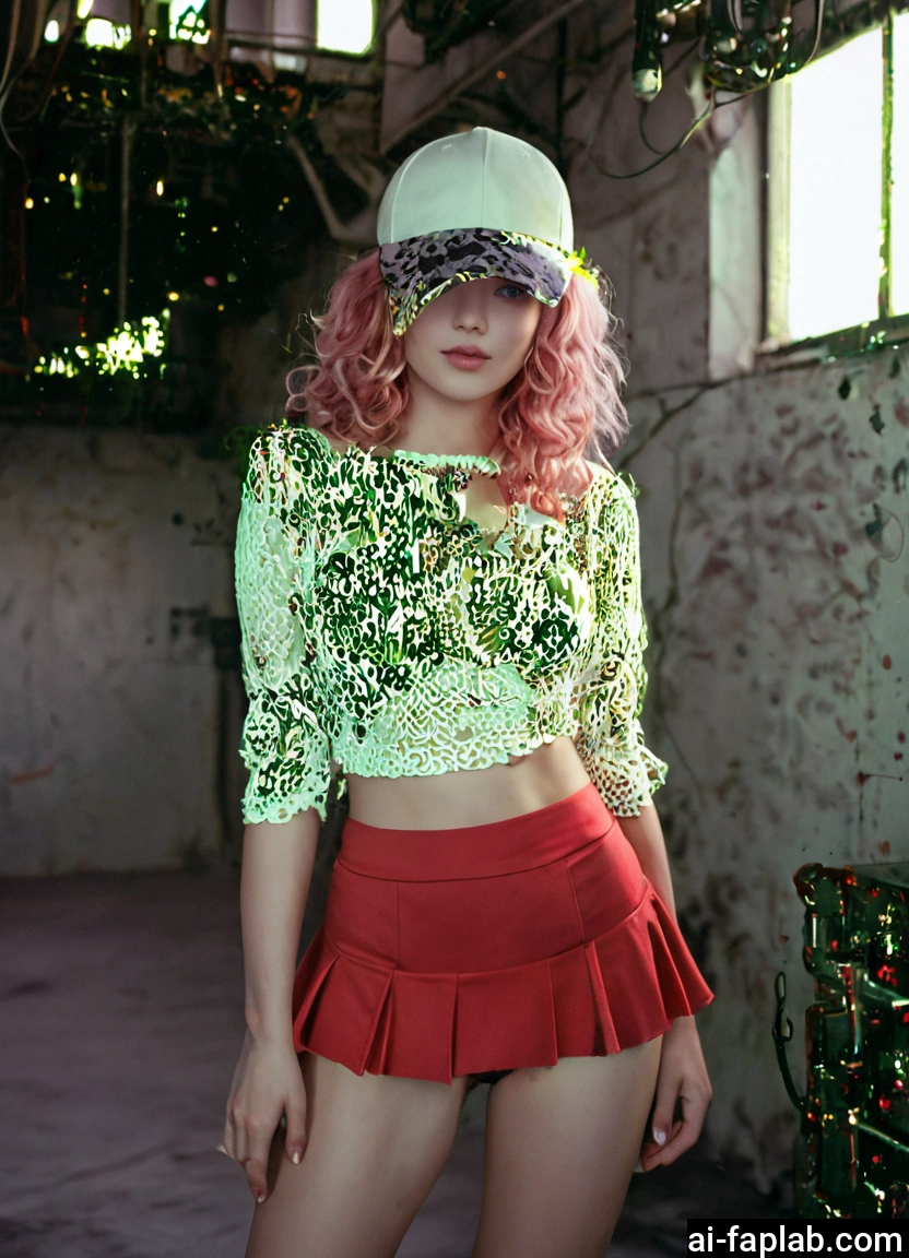 1girl, solo, skirt, hat, pink hair, midriff