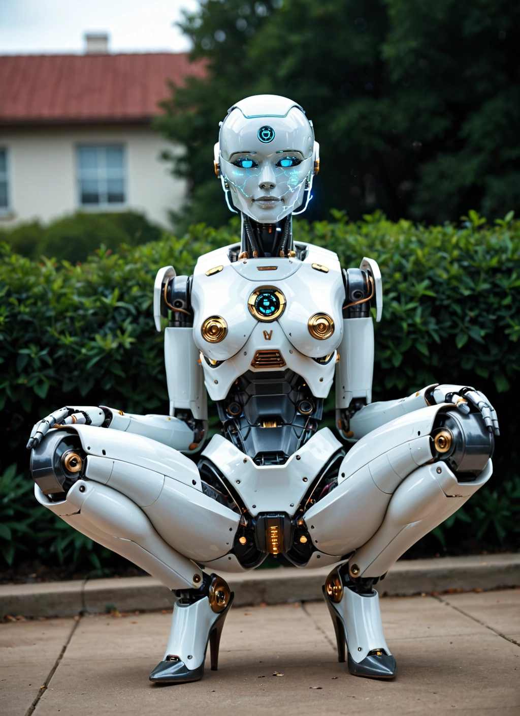 1girl, solo, squatting, high heels, robot, humanoid robot · Yamete.gg