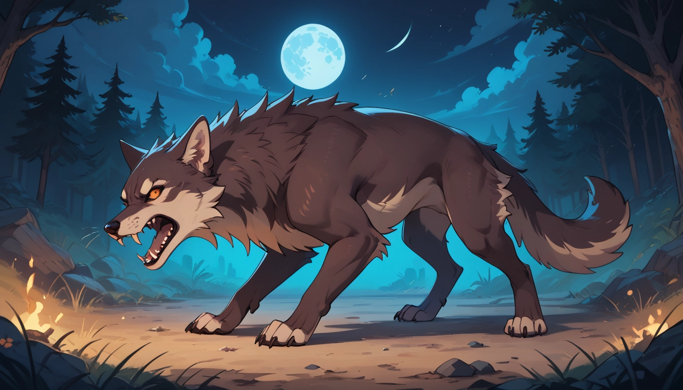 no humans, moon, night, wolf, open mouth, sky