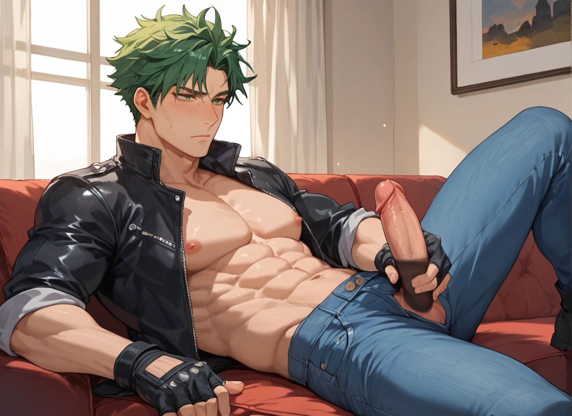 male focus, penis, 1boy, green hair, pectorals, abs · Yamete.gg