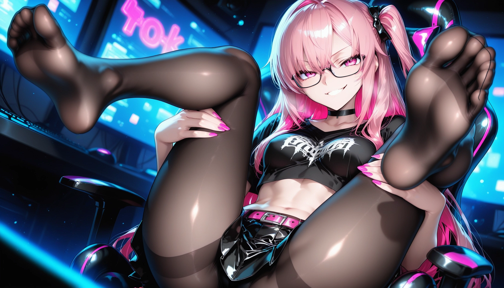 1girl, pink hair, feet, glasses, no shoes, belt · Yamete.gg