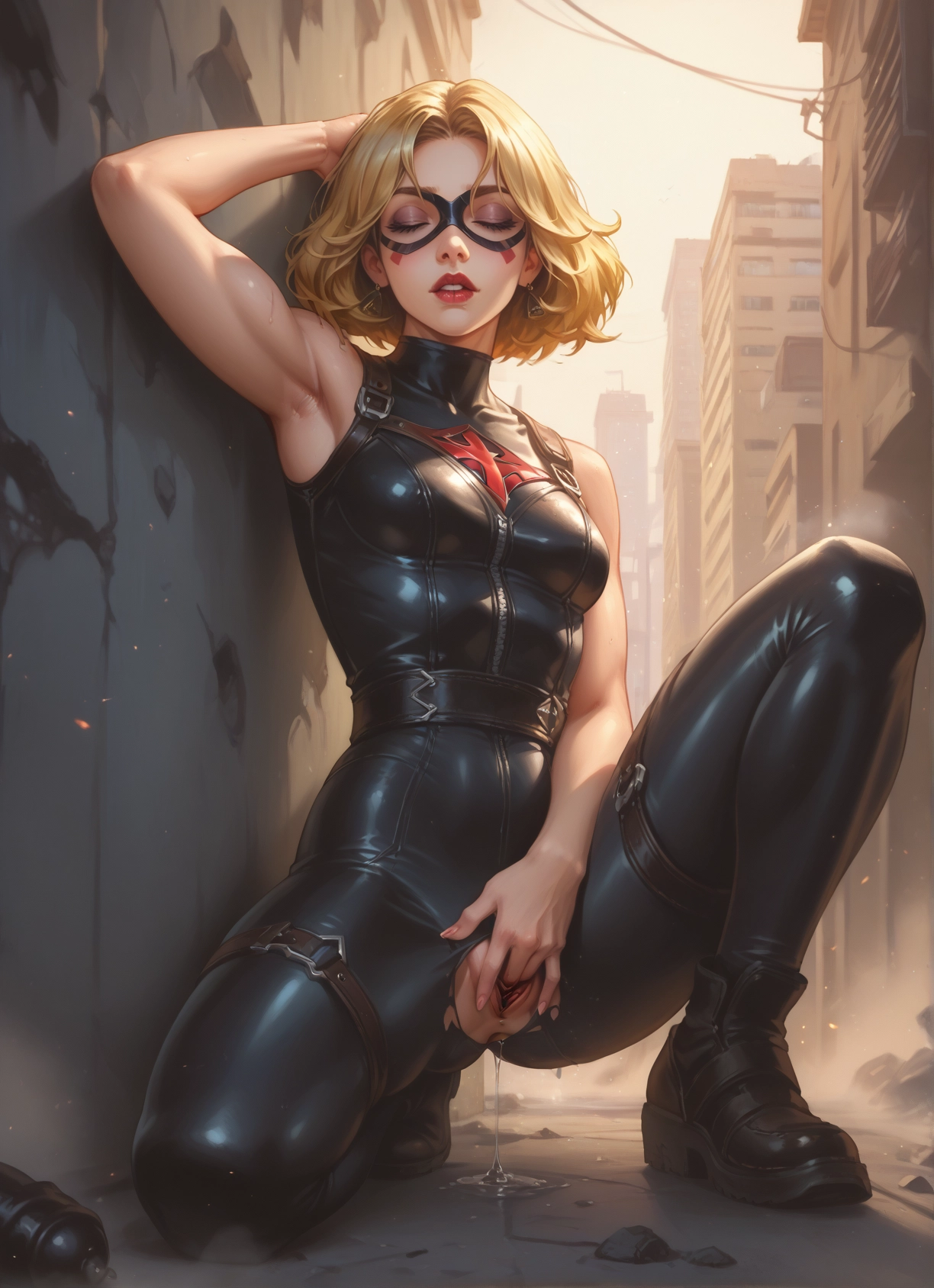1girl, solo, blonde hair, pussy, bodysuit, pussy juice · Yamete.gg