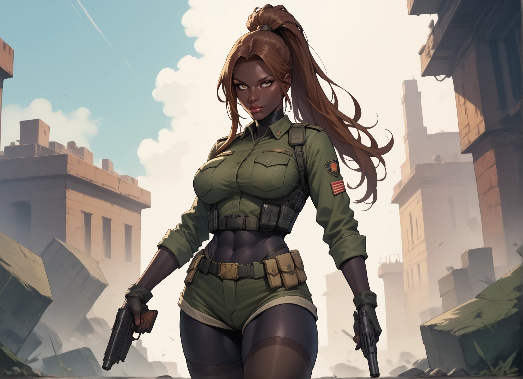 1girl, weapon, gun, solo, shorts, handgun · Yamete.gg
