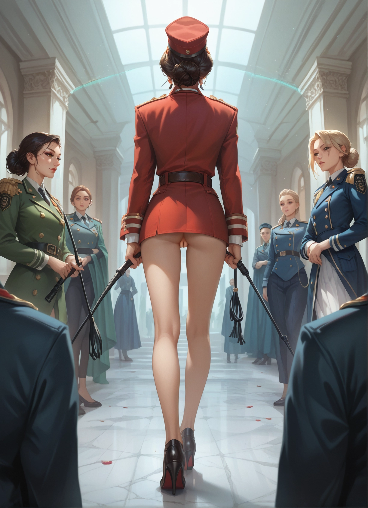 multiple girls, uniform, high heels, blonde hair, whip, military uniform · Yamete.gg